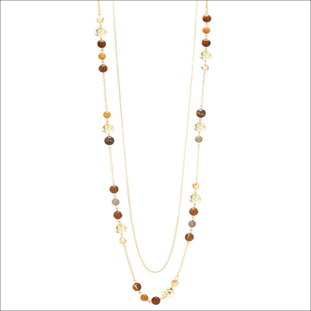 Gold Plated Alloy Natural Stone Beaded Layered Necklace Lobster Clasp